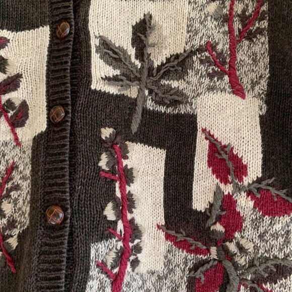 VTG Dress Barn Brown Cardigan Sweater Embroidered Floral Crewneck Grandpa Size L - Picture 12 of 12